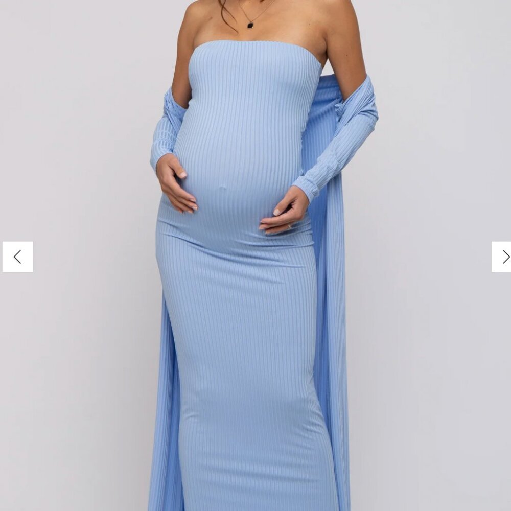 Light Blue Ribbed Sleeveless Dress Cardigan Maternity Set